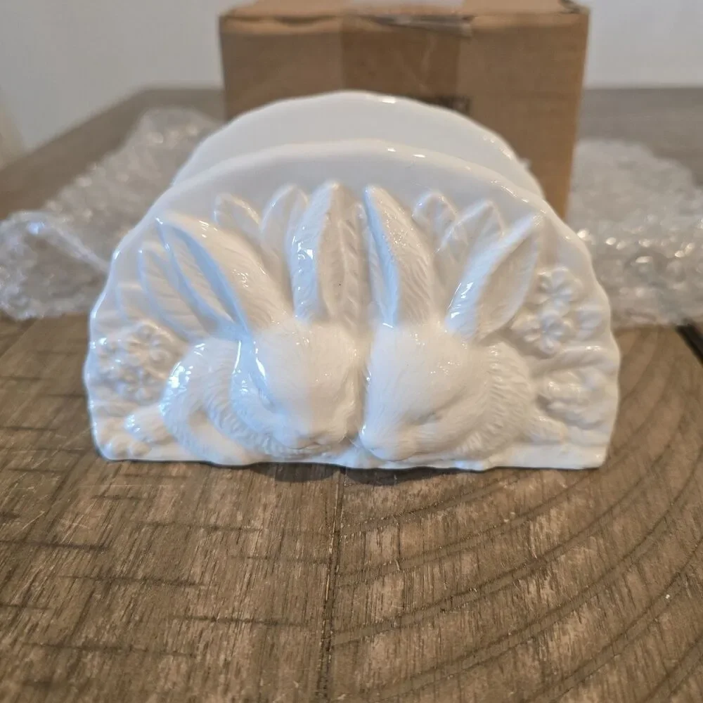Abbott Napkin Holder Bunny Patch Easter Spring Decor White